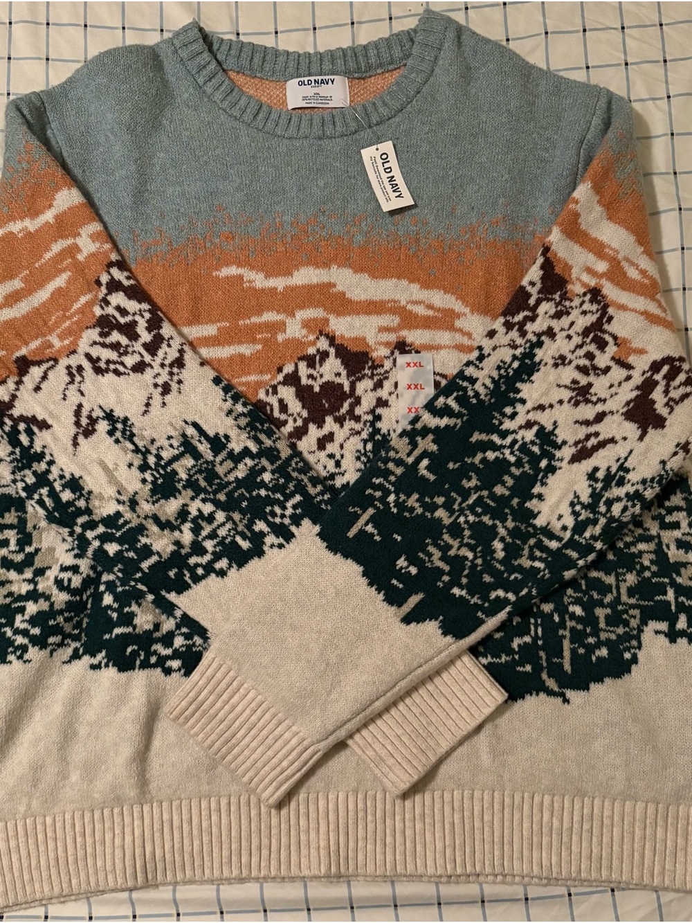 Old Navy Men's Blue, Tan, Cream & Dark Green Mountain Pattern Crewneck Sweater
